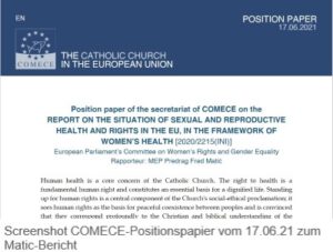 Positionspapier Sekretariat der Kommission der Bischofskonferenzen der Europäischen Union (COMECE) zum Matic-Bericht vom 17.06.2021